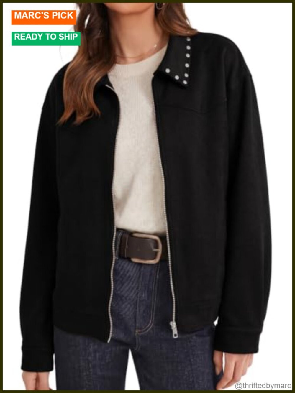 Faux Suede Studded Cropped Coat Women Casual Loose Fit Zip Up Jacket